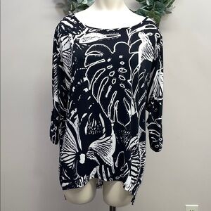 Ciara Sun Woo Black White Tropical Print Tunic Top 3/4 Sleeve High Low Hem M